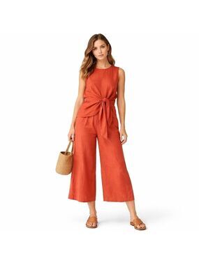 Harve Bénard 100% Linen Rust Orange Sleeveless Top w/ Draping and Tie Detail L